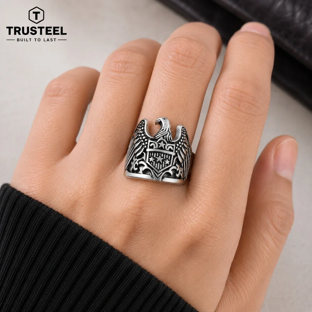 American Eagle Ring Stainless Steel Shield Biker Gothic Patriotic Men’s size 14